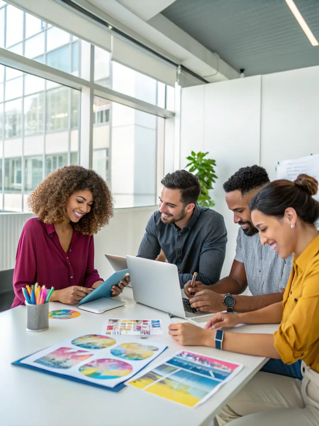 A diverse team collaborating on a sales strategy, using laptops and analyzing market data in a modern office setting, representing Cornell Global's collaborative approach.