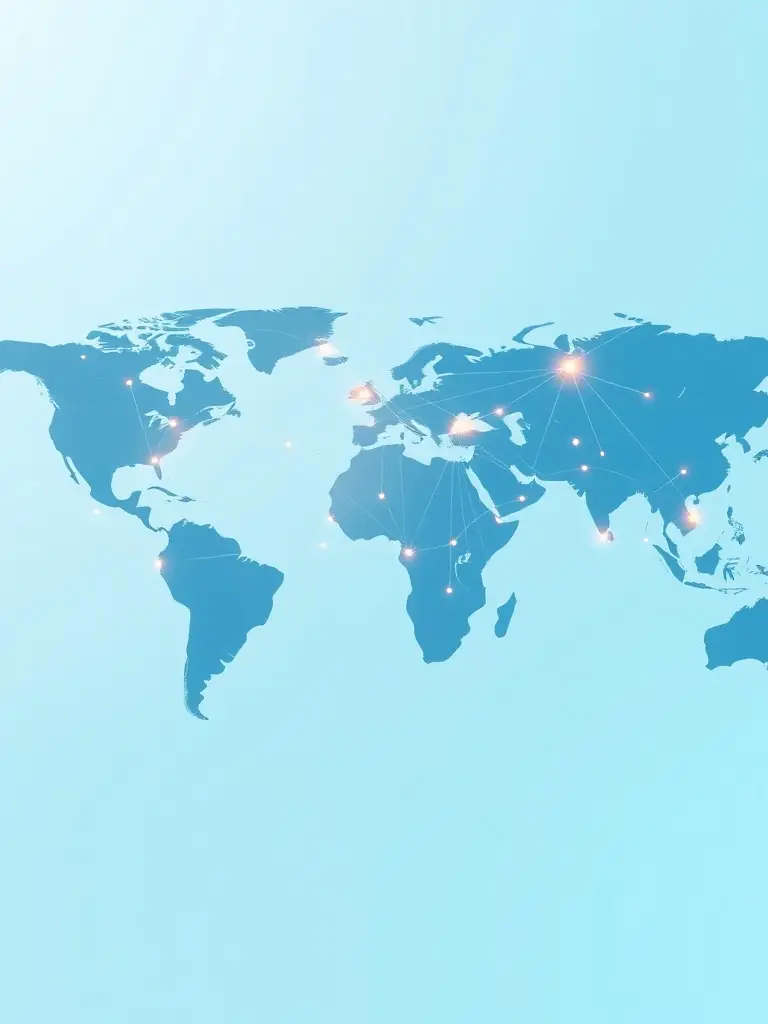 An image showing global expansion with interconnected nodes on a world map, illustrating Cornell Global's growth strategy.